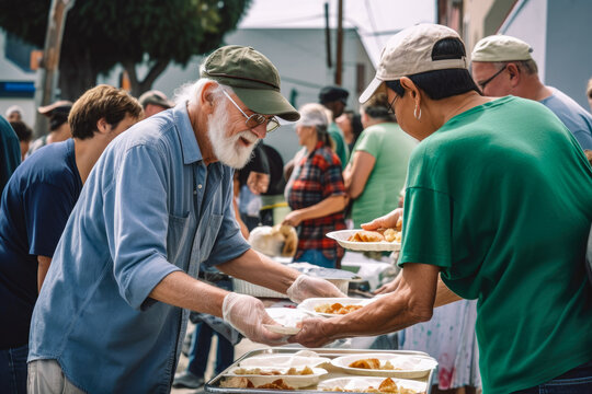 Volunteer handing a plate of food to a neighbor outdoors